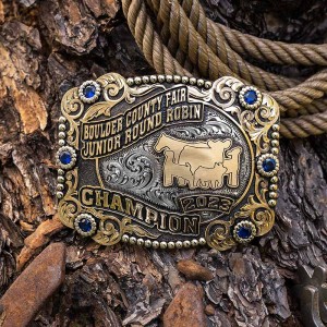 A custom farming belt buckle trophy for Region 7 Livestock Show Champion featuring a cow, goat, lamb and pig figures 